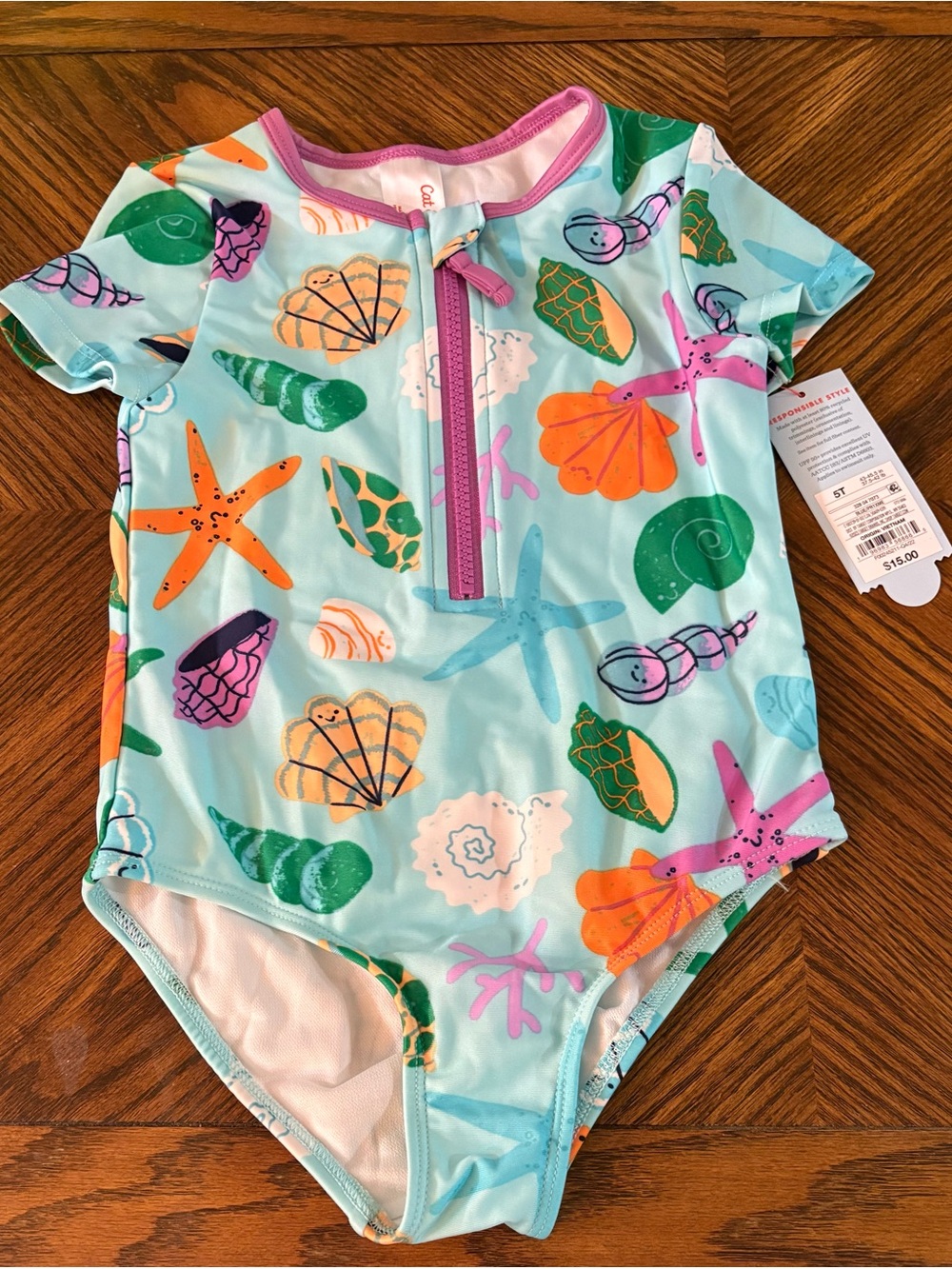 Cat & Jack Kids' Sea Shell Zip Front One-Piece Swimsuit - Size 5T - NWT